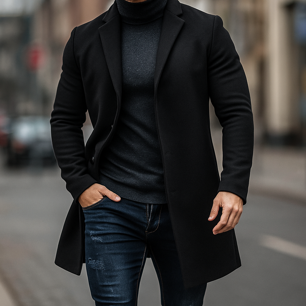 Men's Trench Coat – Sculpted Cut, Fluid Drape, Timeless Elegance — Black