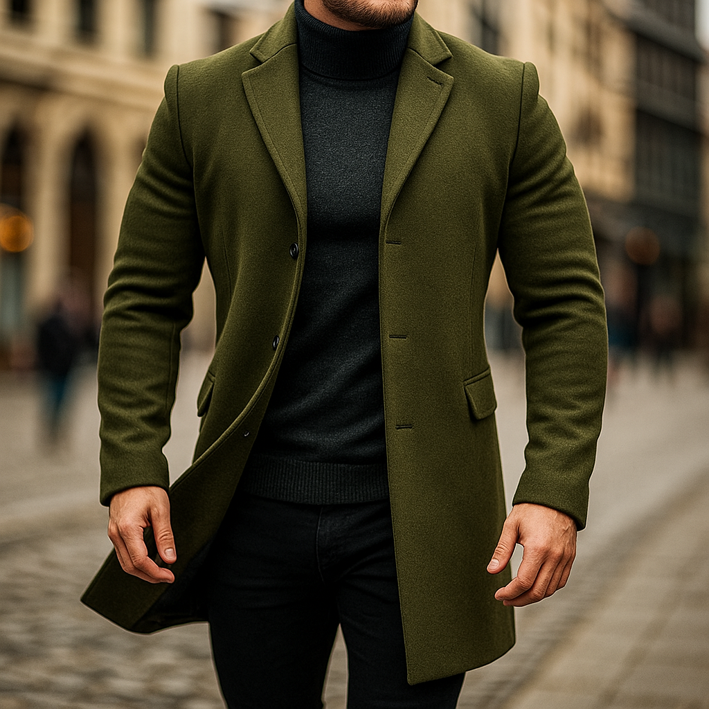 Men's Trench Coat – Sculpted Cut, Fluid Drape, Timeless Elegance — Green