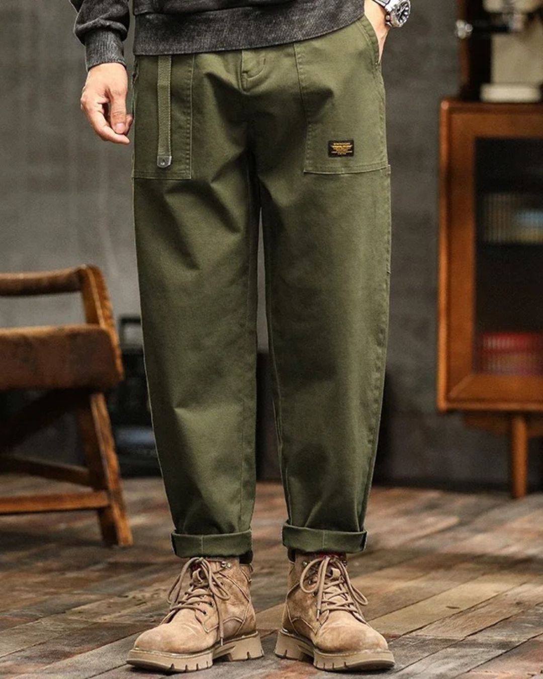 Men's Cargo Pants – Straight Cut with Flap Pockets, Vintage Finish — Army Green