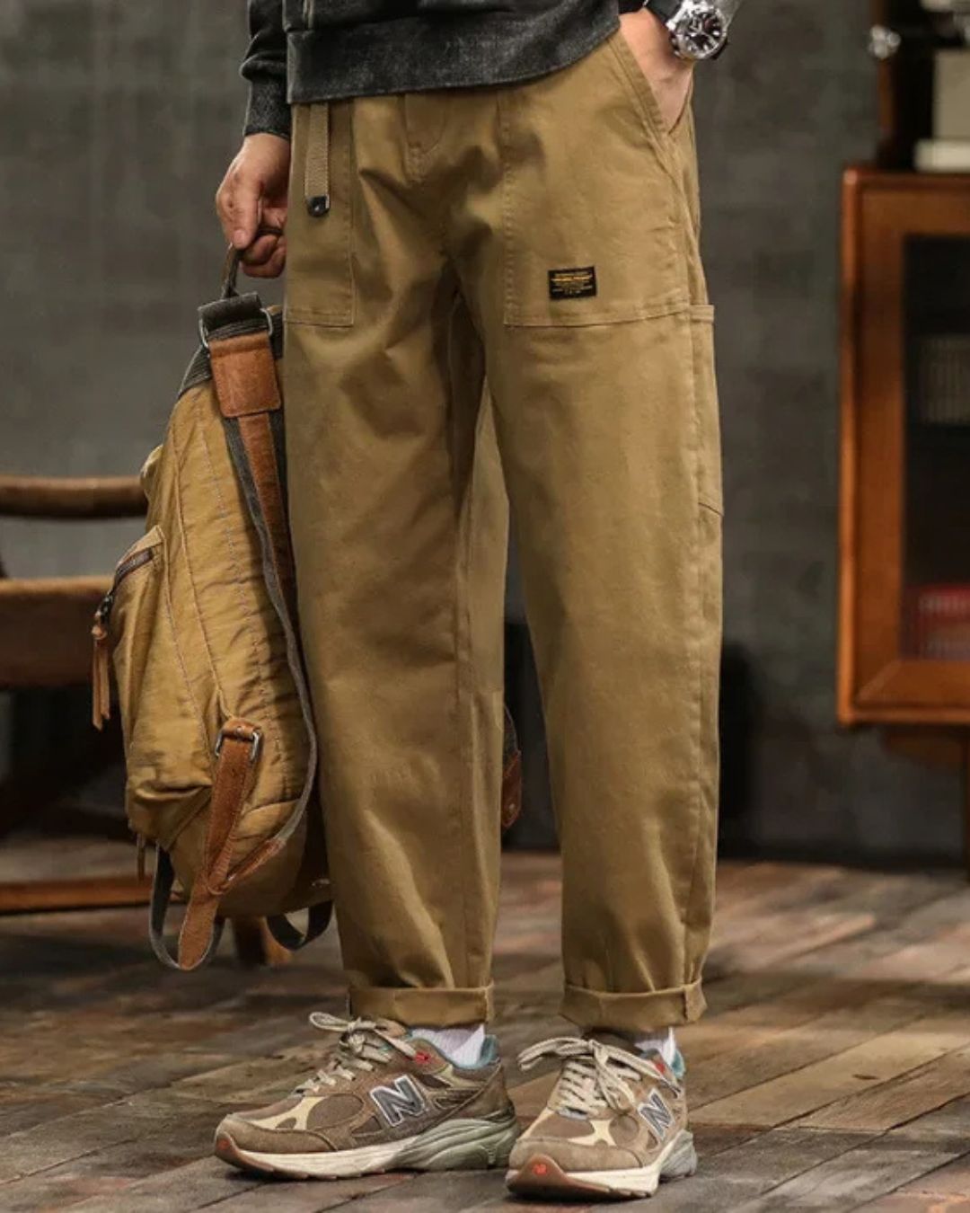 Men's Cargo Pants – Straight Cut with Flap Pockets, Vintage Finish — Khaki