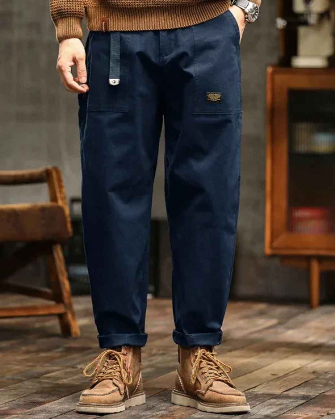 Men's Cargo Pants – Straight Cut with Flap Pockets, Vintage Finish — Blue