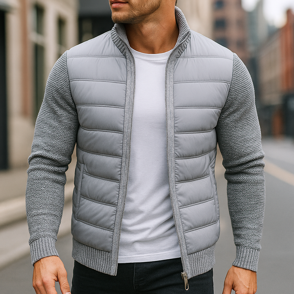 Men’s Puffer Jacket – Knit Sleeves, Balanced Insulation, Urban Style — Light Grey