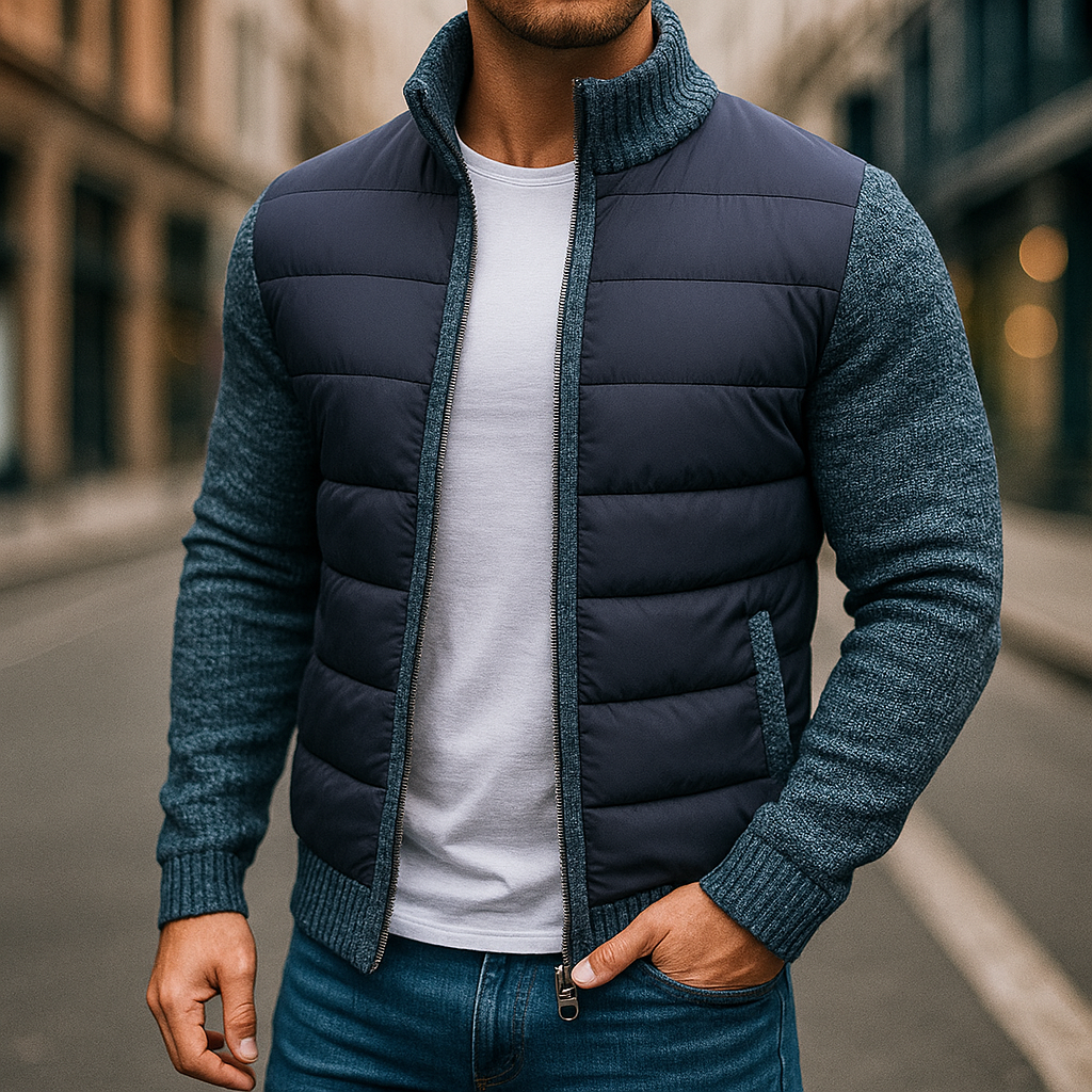 Men’s Puffer Jacket – Knit Sleeves, Balanced Insulation, Urban Style — Navy Blue