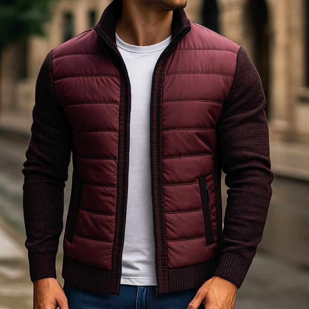 Men’s Puffer Jacket – Knit Sleeves, Balanced Insulation, Urban Style — Burgundy