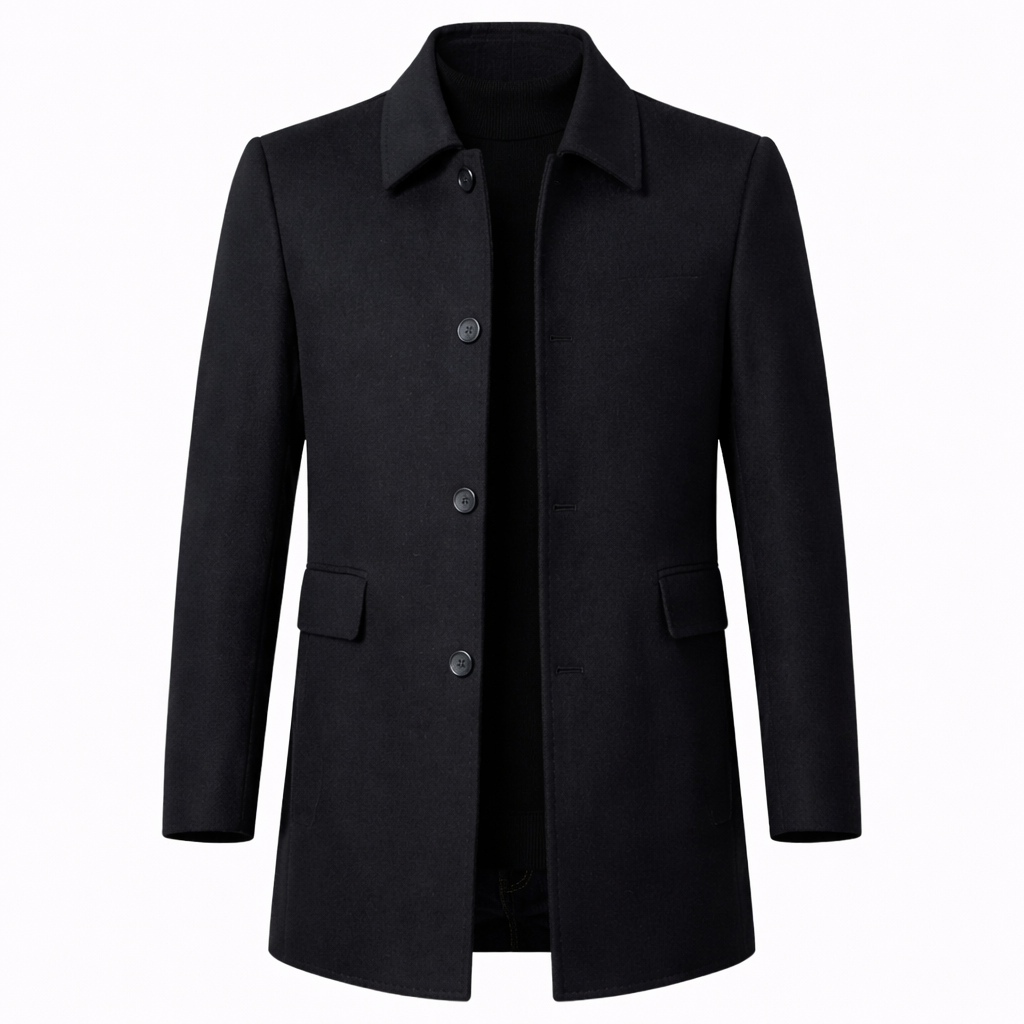 Men’s Coat – Tailored Fit, Classic Collar, Button Closure — Black