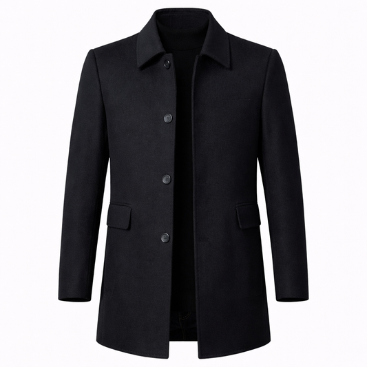 Men’s Coat – Tailored Fit, Classic Collar, Button Closure — Black