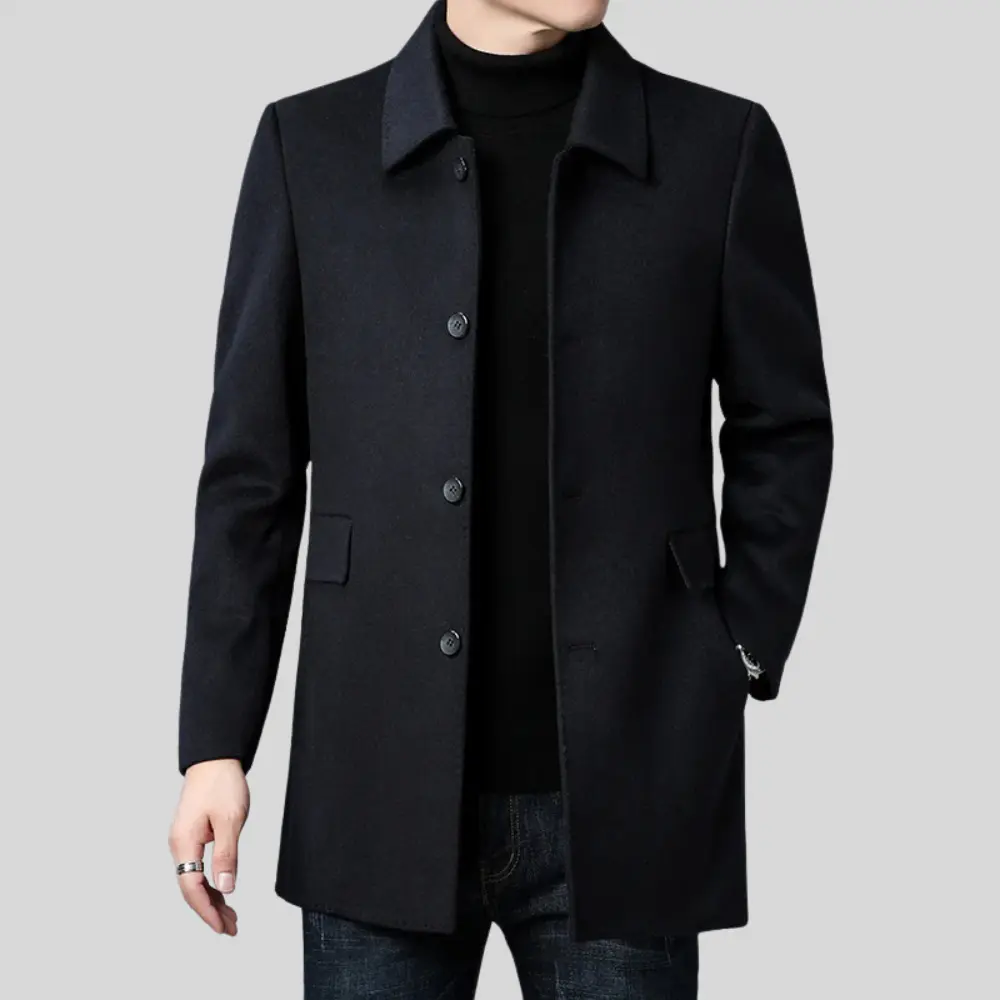 Men’s Coat – Tailored Fit, Classic Collar, Button Closure — Black
