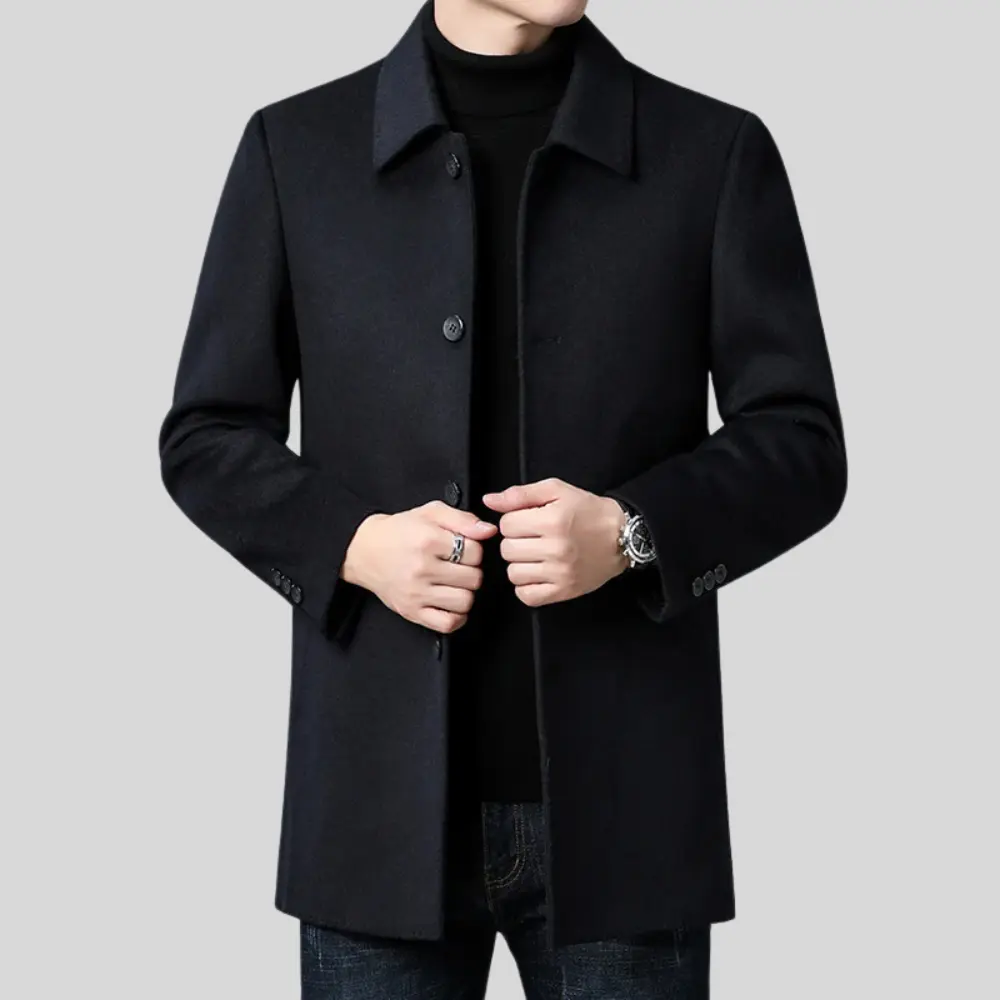 Men’s Coat – Tailored Fit, Classic Collar, Button Closure — Black