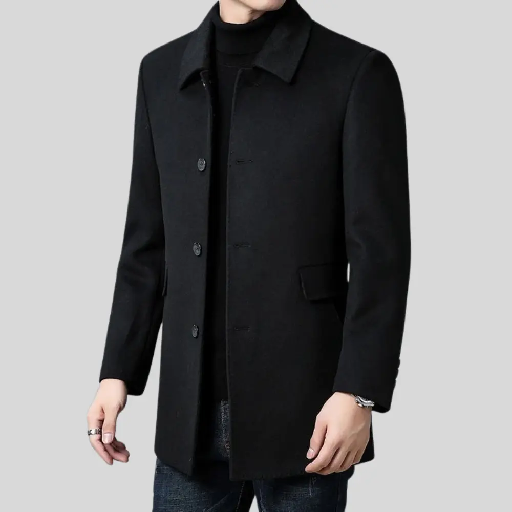 Men’s Coat – Tailored Fit, Classic Collar, Button Closure — Black