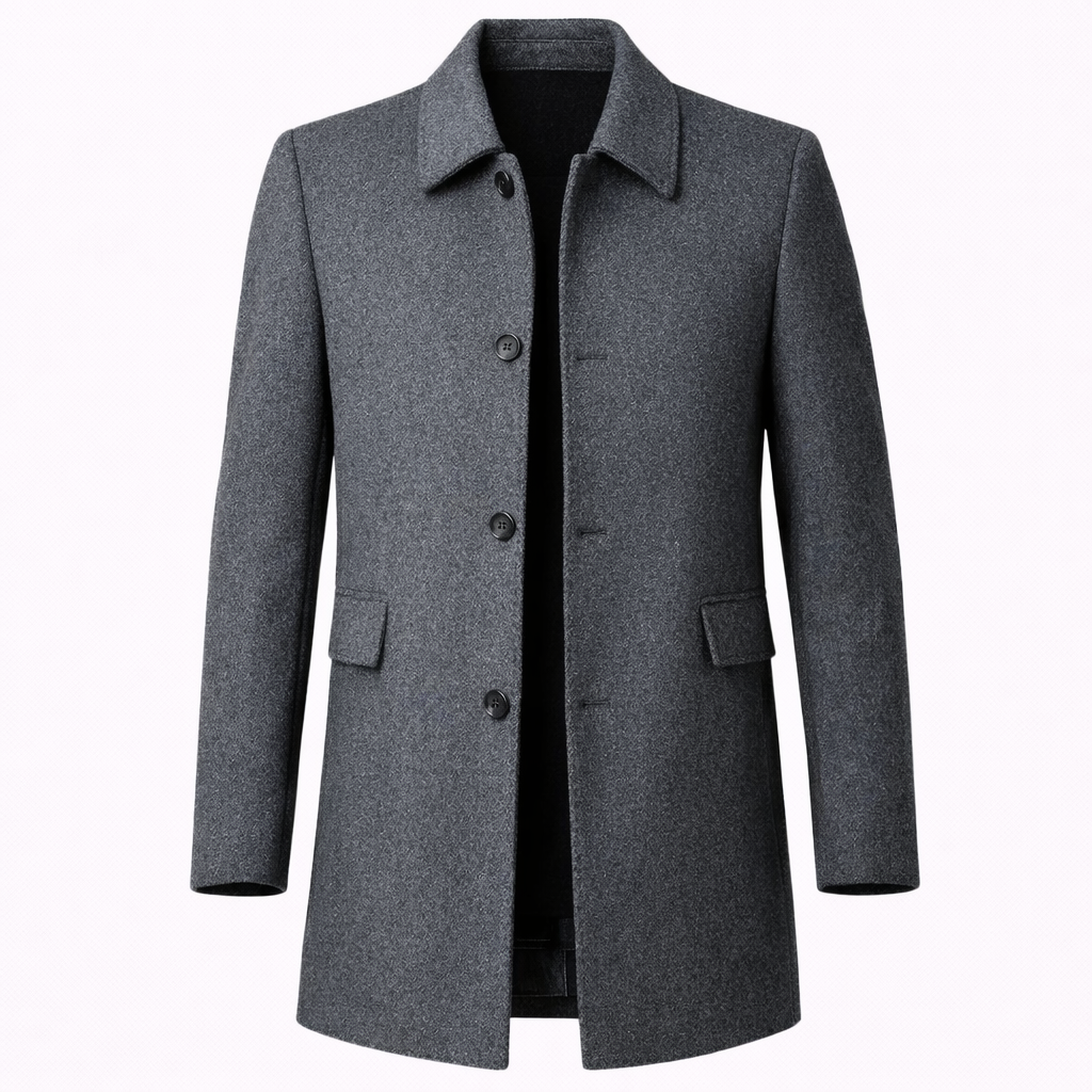 Men’s Coat – Tailored Fit, Classic Collar, Button Closure — Grey