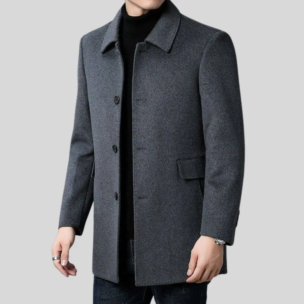 Men’s Coat – Tailored Fit, Classic Collar, Button Closure — Grey