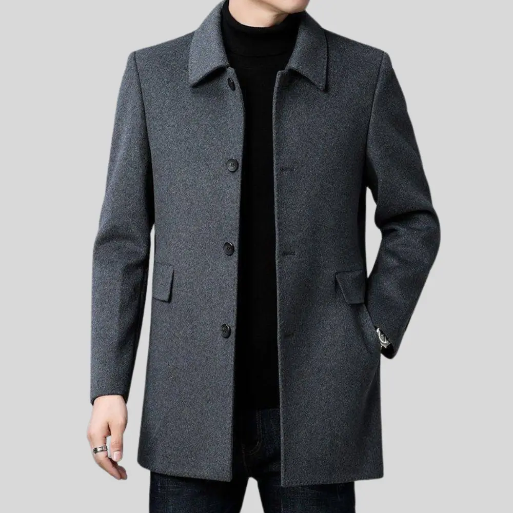 Men’s Coat – Tailored Fit, Classic Collar, Button Closure — Grey