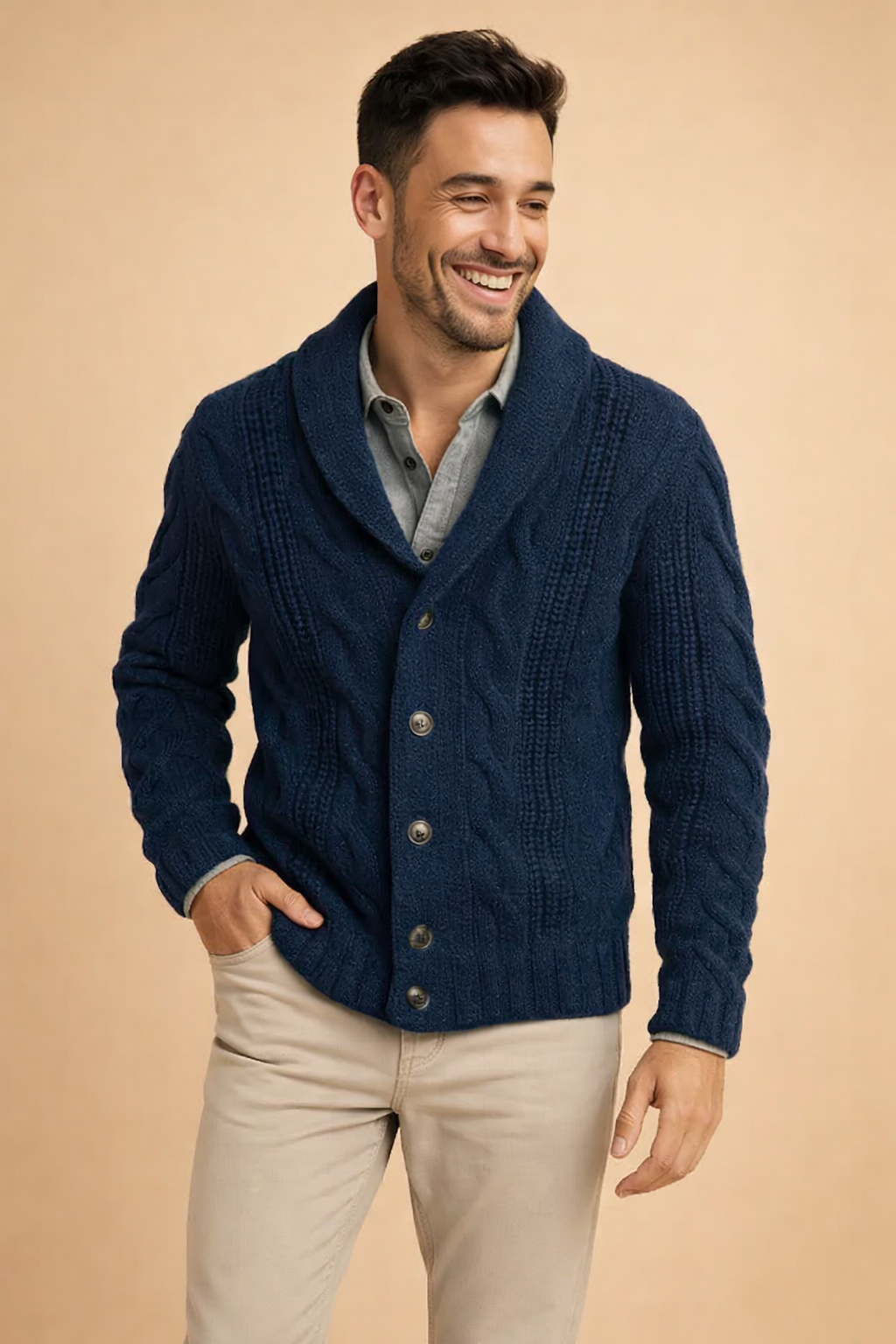 Herren-Cardigan mit schmalem Schalkragen und Knopfverschluss — Dunkelblau