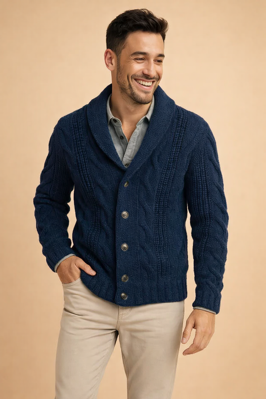 Men’s Cardigan – Shawl Collar, Button Closure, Slim Fit — Dark Blue