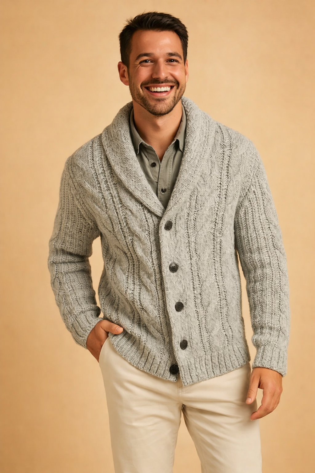 Herren-Cardigan mit schmalem Schalkragen und Knopfverschluss — Hellgrau