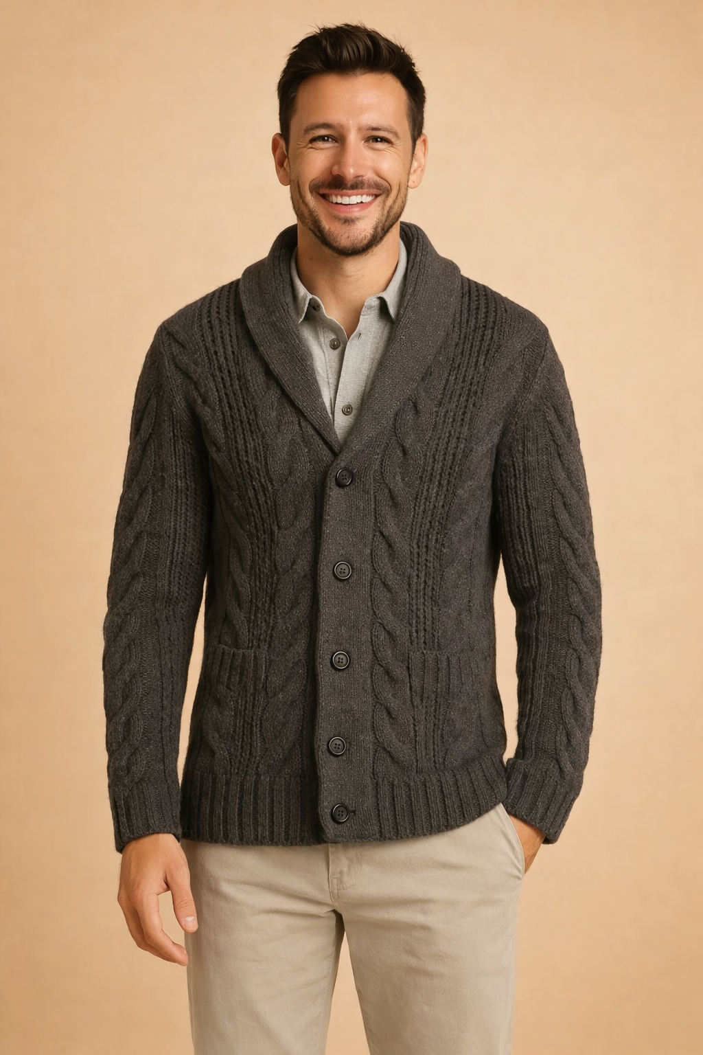 Herren-Cardigan mit schmalem Schalkragen und Knopfverschluss — Dunkelgrau
