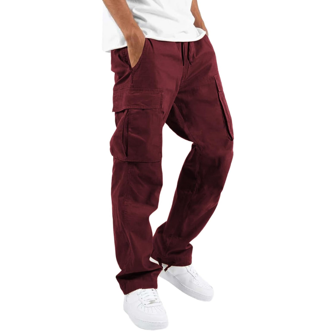 Men’s Cargo Pants – Multiple Pockets, Adjustable Waist, Relaxed Fit — Wine Red
