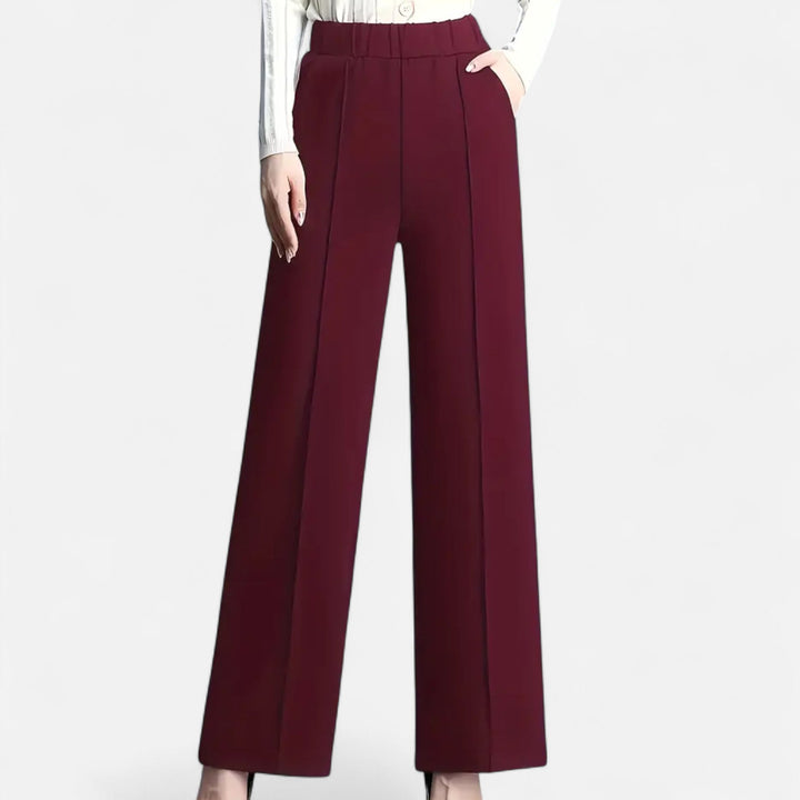 Women’s Trousers – High-Waisted, Wide-Leg, Turn-Up Hem, Fluid Fit — Wine Red