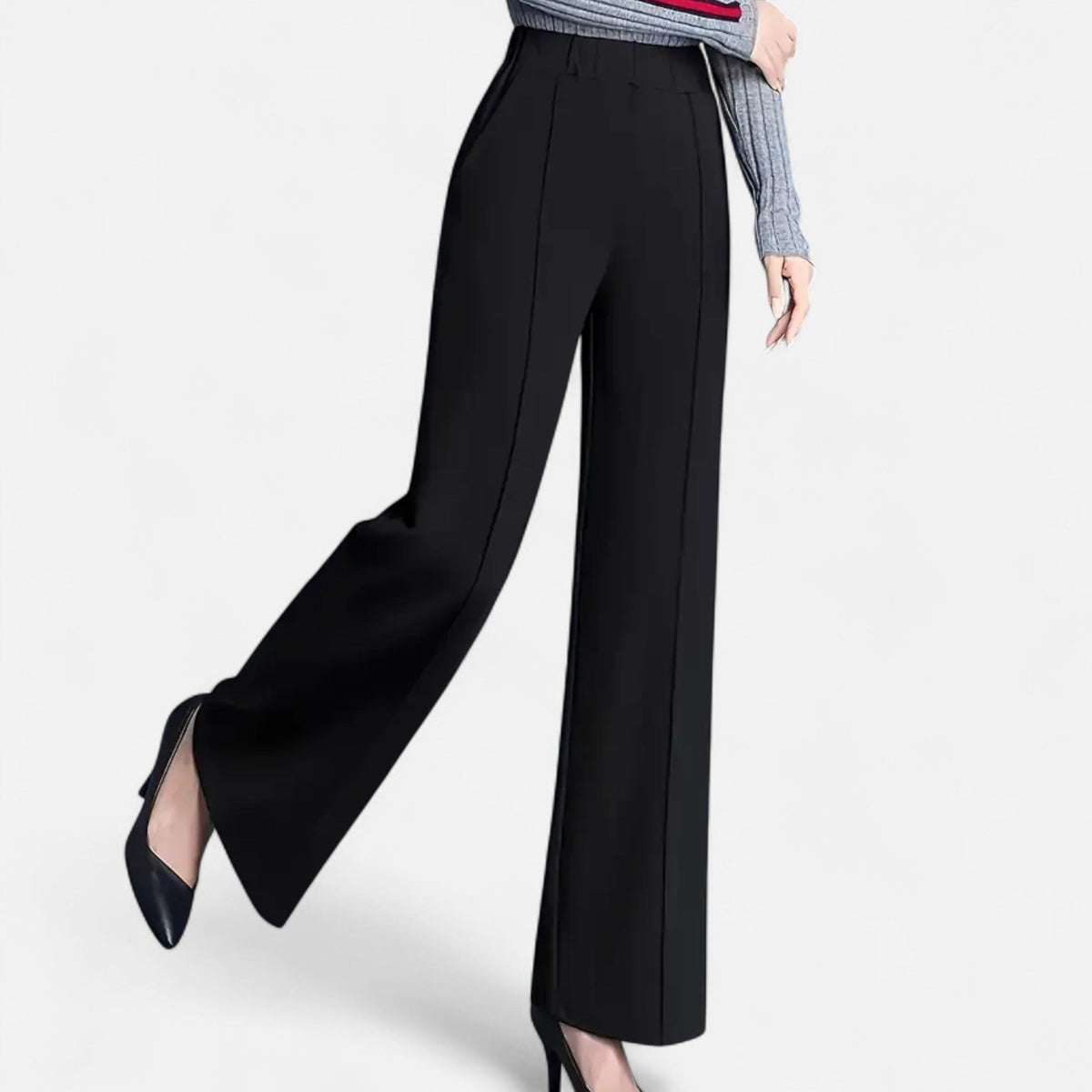 Women’s Trousers – High-Waisted, Wide-Leg, Turn-Up Hem, Fluid Fit — Black