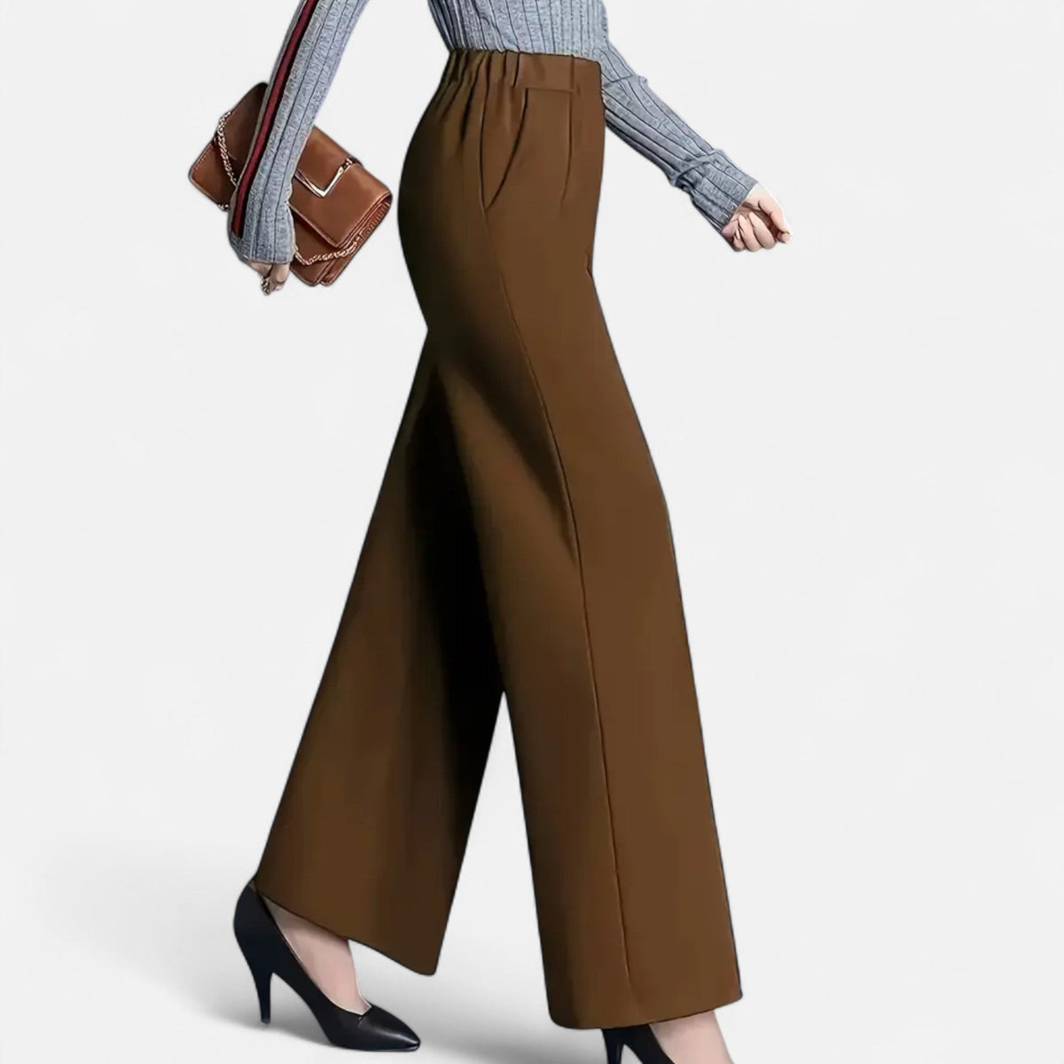 Women’s Trousers – High-Waisted, Wide-Leg, Turn-Up Hem, Fluid Fit — Brown