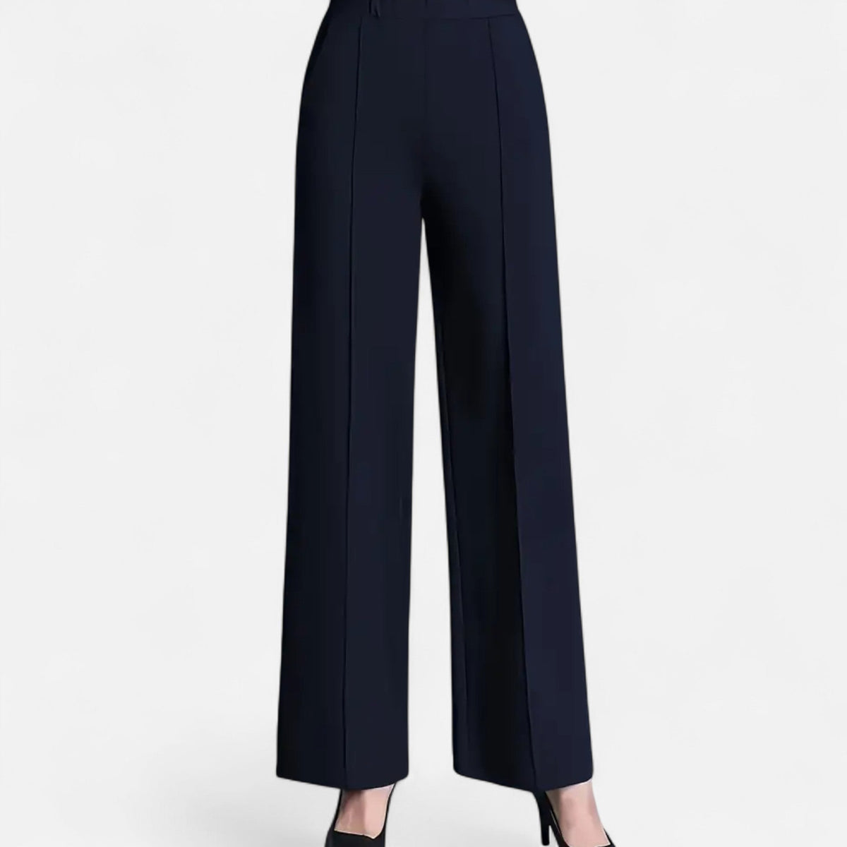 Women’s Trousers – High-Waisted, Wide-Leg, Turn-Up Hem, Fluid Fit — Navy