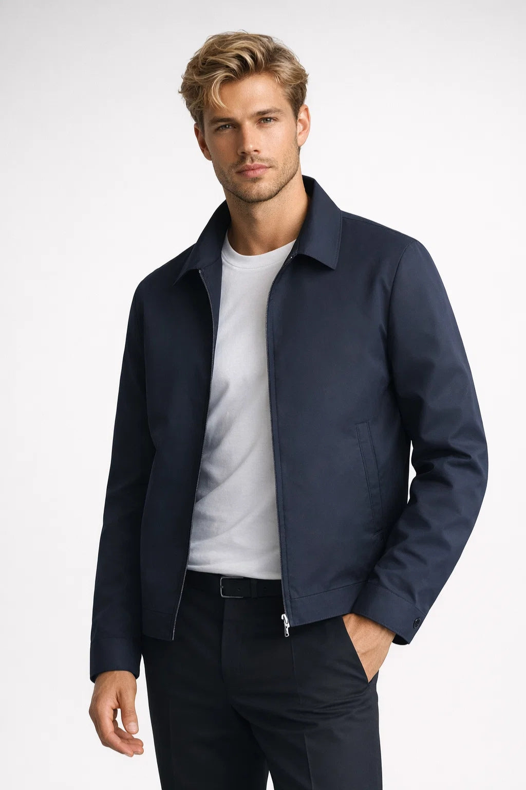 Men's Slim-Fit Jacket – Structured Collar and Zip Closure — Dark Blue