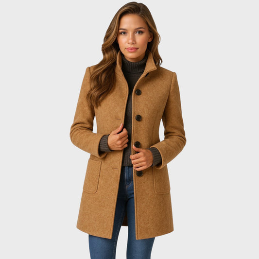 Women’s Coat – Structured Collar, Button Closure, Tailored Fit — Khaki