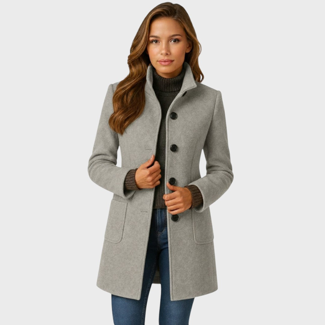 Women’s Coat – Structured Collar, Button Closure, Tailored Fit — Grey