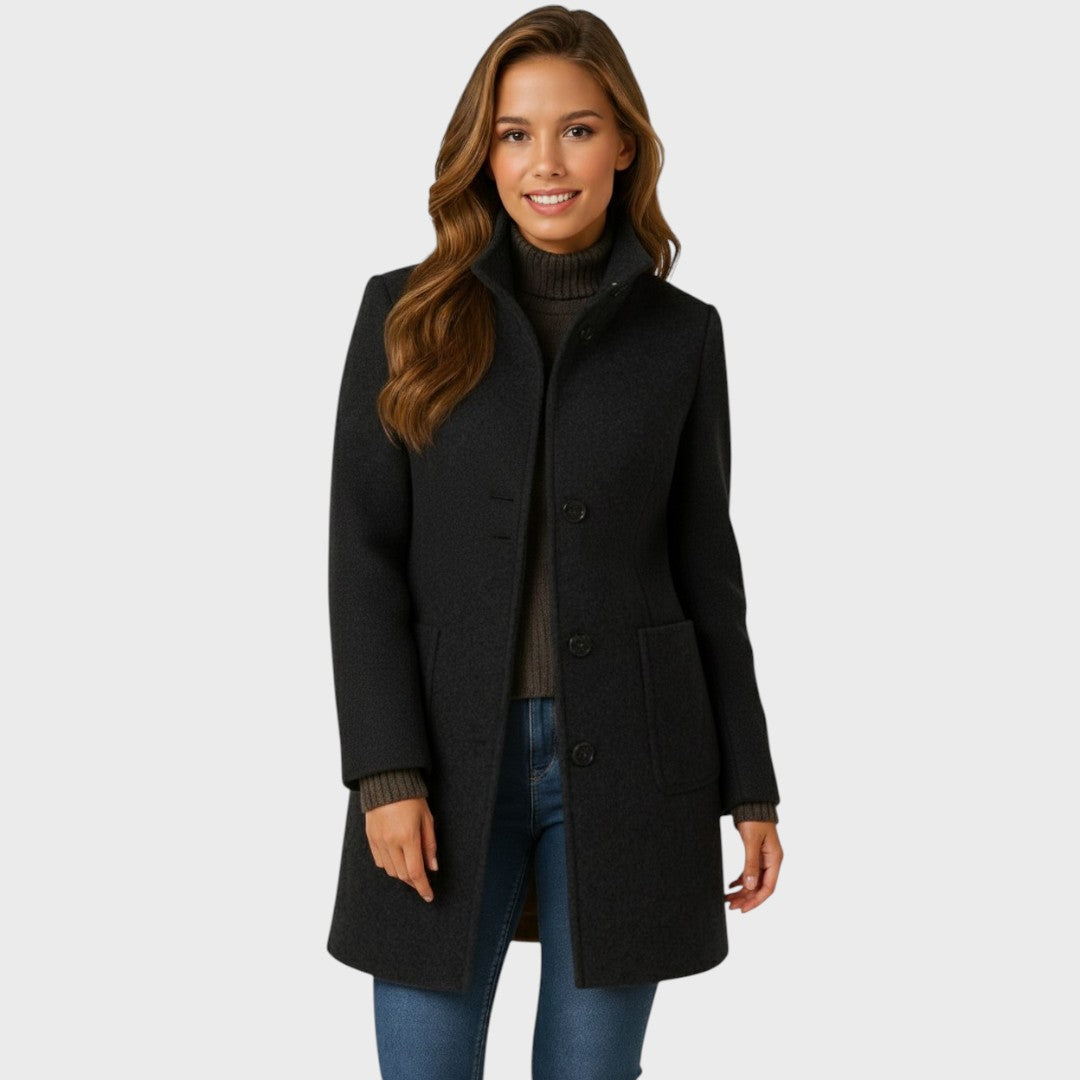 Women’s Coat – Structured Collar, Button Closure, Tailored Fit — Black