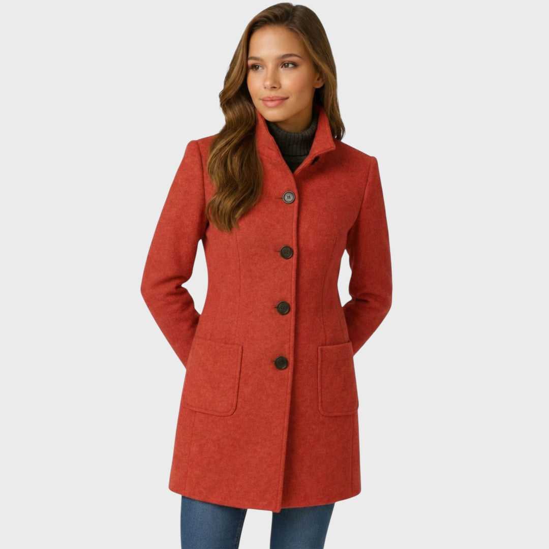 Women’s Coat – Structured Collar, Button Closure, Tailored Fit — Red