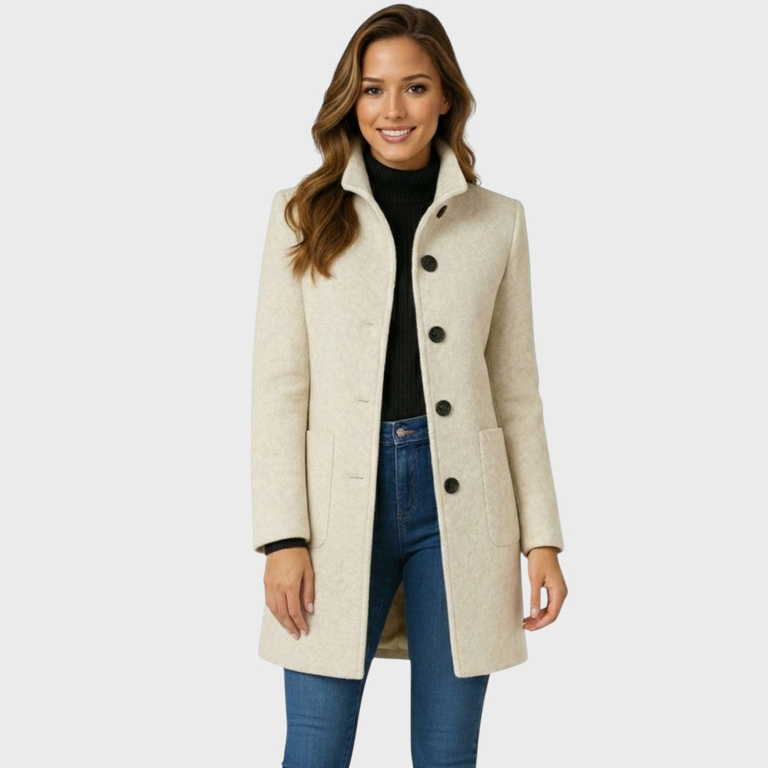Women’s Coat – Structured Collar, Button Closure, Tailored Fit — Cream