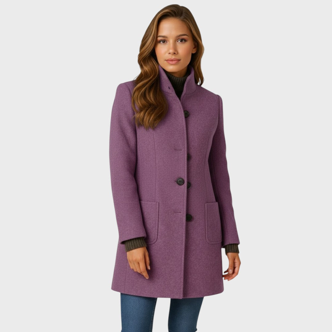 Women’s Coat – Structured Collar, Button Closure, Tailored Fit — Purple