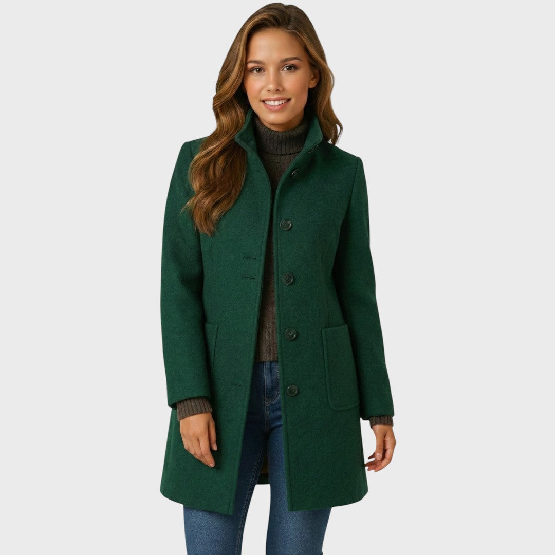 Women’s Coat – Structured Collar, Button Closure, Tailored Fit — Dark Green