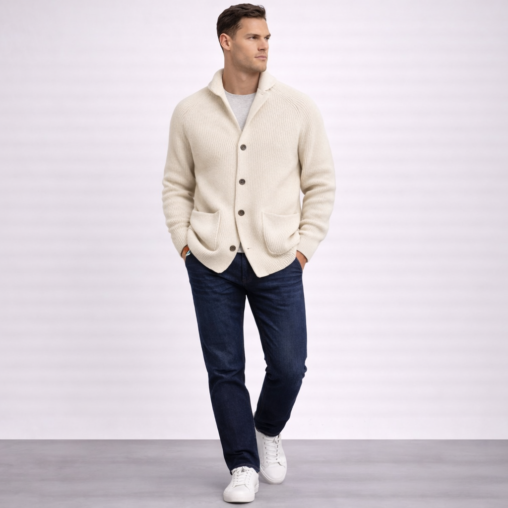 Men’s Cardigan – Shawl Collar, Ribbed Knit, Timeless Fit — White