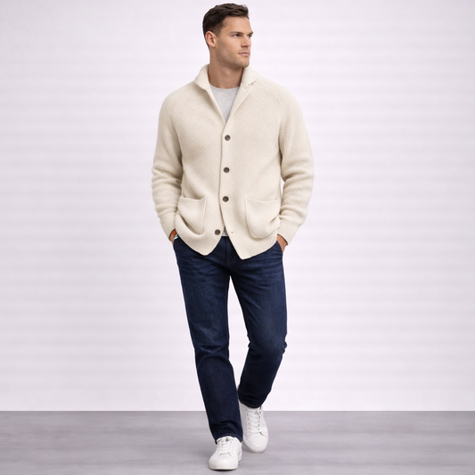 Men’s Cardigan – Shawl Collar, Ribbed Knit, Timeless Fit — White