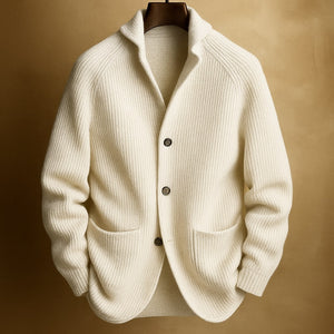 Herren-Cardigan aus Rippstrick mit Schalkragen — Weiß