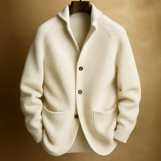 Men’s Cardigan – Shawl Collar, Ribbed Knit, Timeless Fit — White