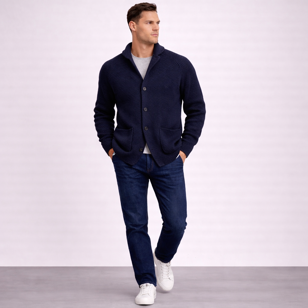 Men’s Cardigan – Shawl Collar, Ribbed Knit, Timeless Fit — Dark Blue
