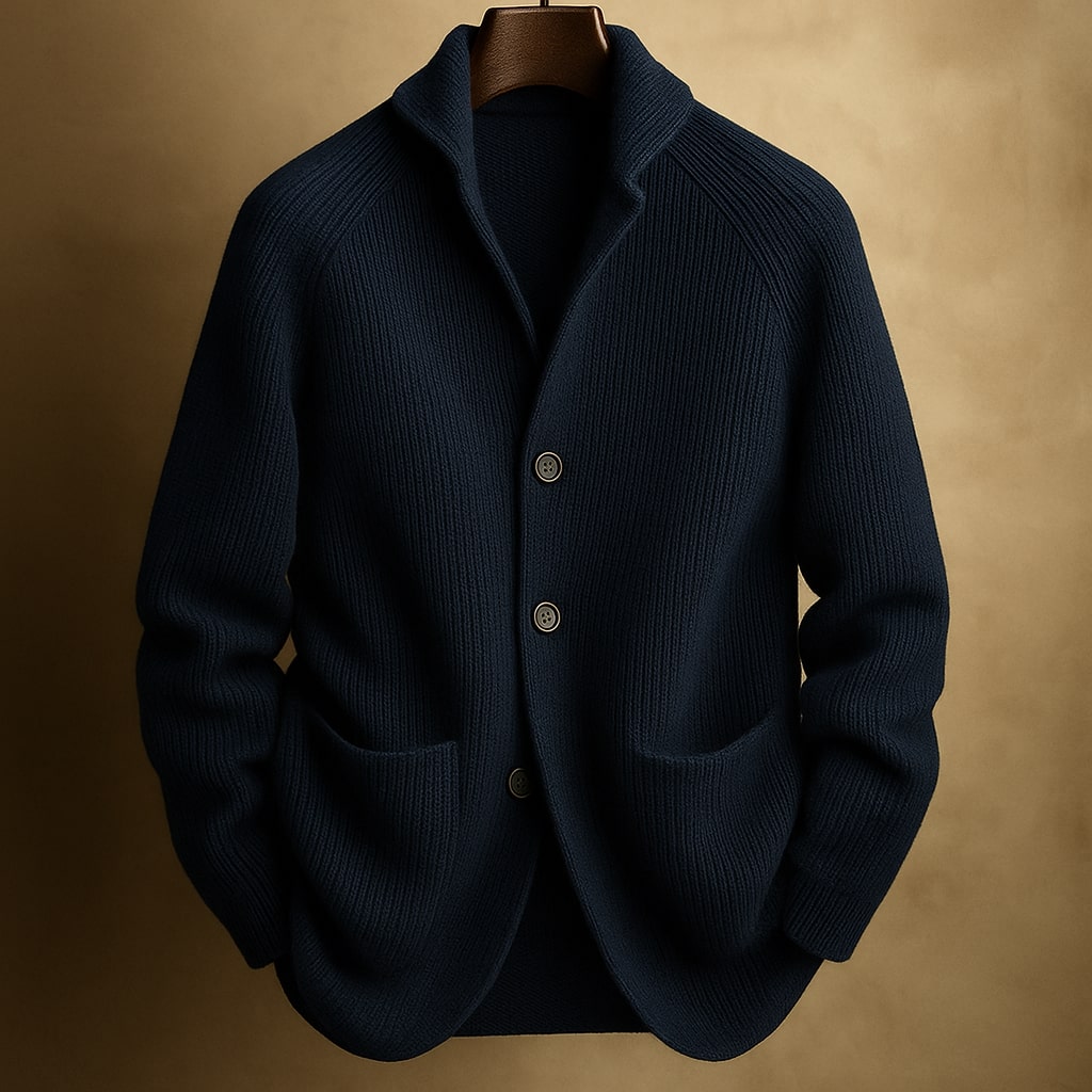 Men’s Cardigan – Shawl Collar, Ribbed Knit, Timeless Fit — Dark Blue