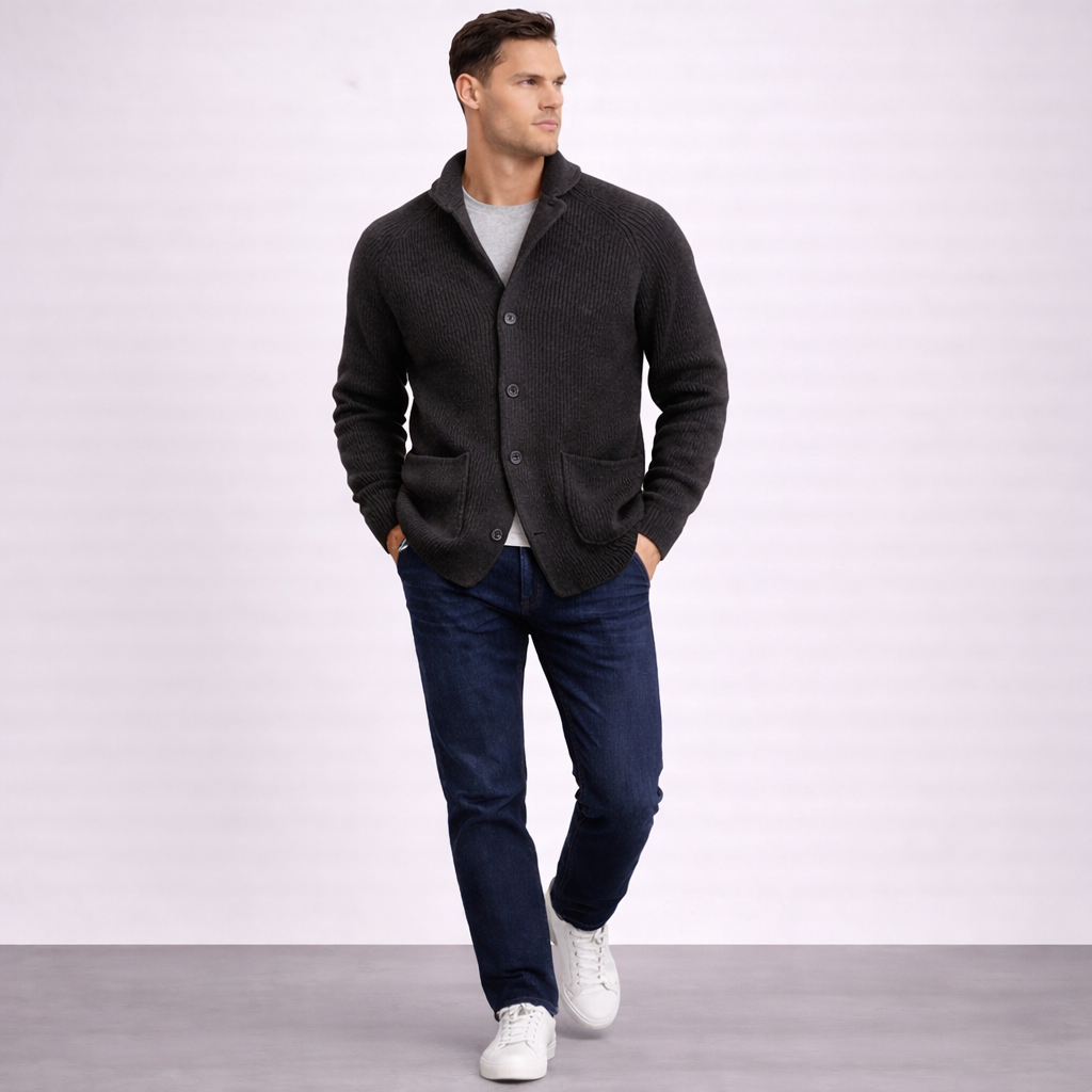 Men’s Cardigan – Shawl Collar, Ribbed Knit, Timeless Fit — Charcoal