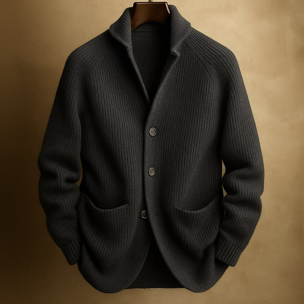 Men’s Cardigan – Shawl Collar, Ribbed Knit, Timeless Fit — Charcoal