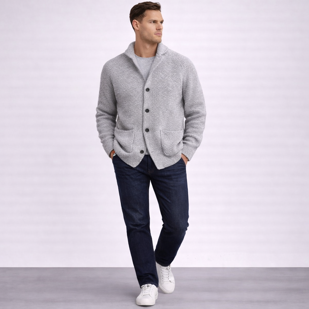 Men’s Cardigan – Shawl Collar, Ribbed Knit, Timeless Fit — Grey