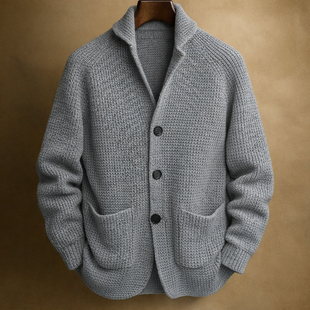 Men’s Cardigan – Shawl Collar, Ribbed Knit, Timeless Fit — Grey