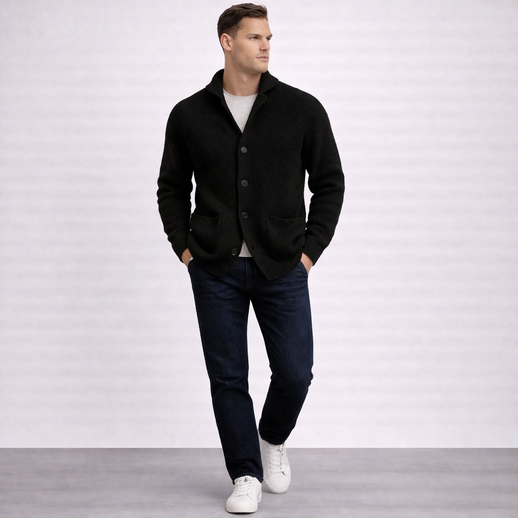 Men’s Cardigan – Shawl Collar, Ribbed Knit, Timeless Fit — Black
