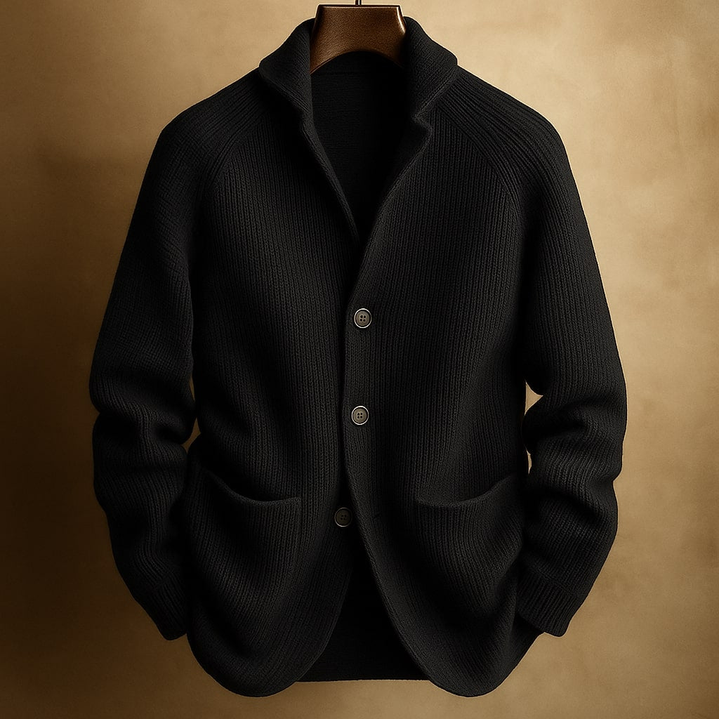 Men’s Cardigan – Shawl Collar, Ribbed Knit, Timeless Fit — Black
