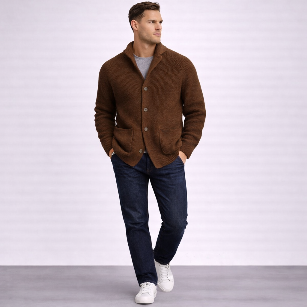 Men’s Cardigan – Shawl Collar, Ribbed Knit, Timeless Fit — Brown