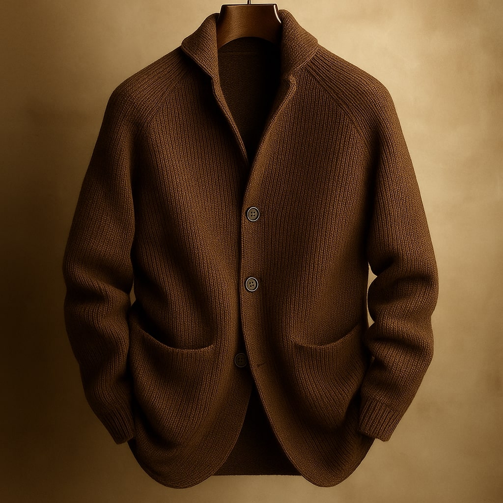 Men’s Cardigan – Shawl Collar, Ribbed Knit, Timeless Fit — Brown