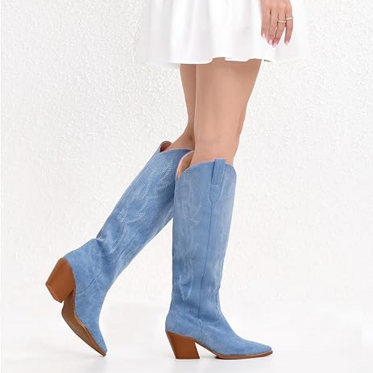 Women’s Western Boots – Knee-High, Block Heel, Structured Silhouette — Blue