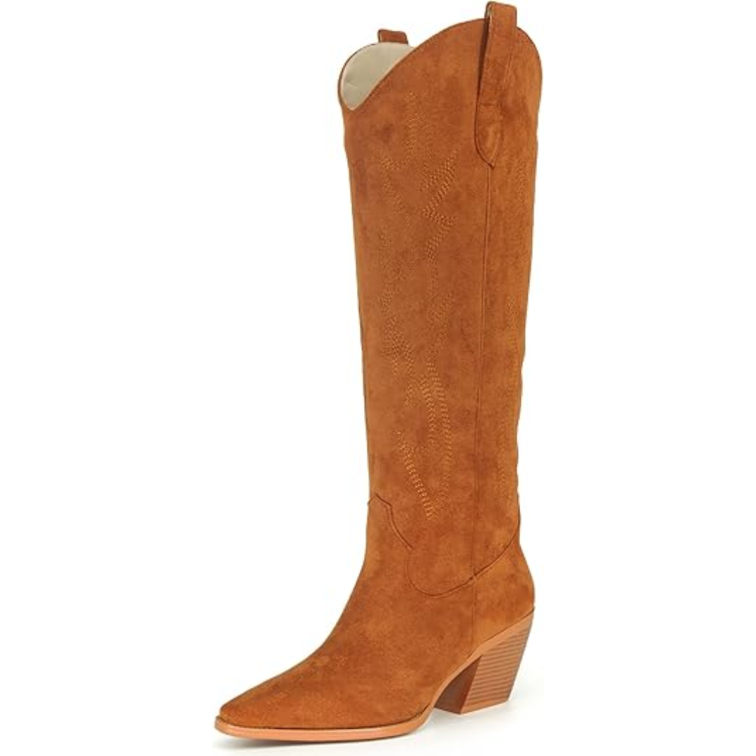 Women’s Western Boots – Knee-High, Block Heel, Structured Silhouette — Brown