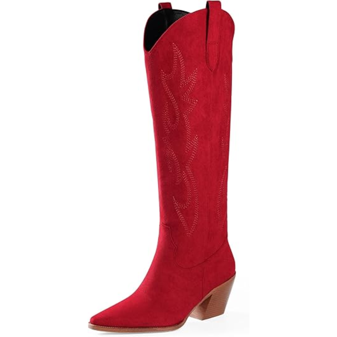 Women’s Western Boots – Knee-High, Block Heel, Structured Silhouette — Red